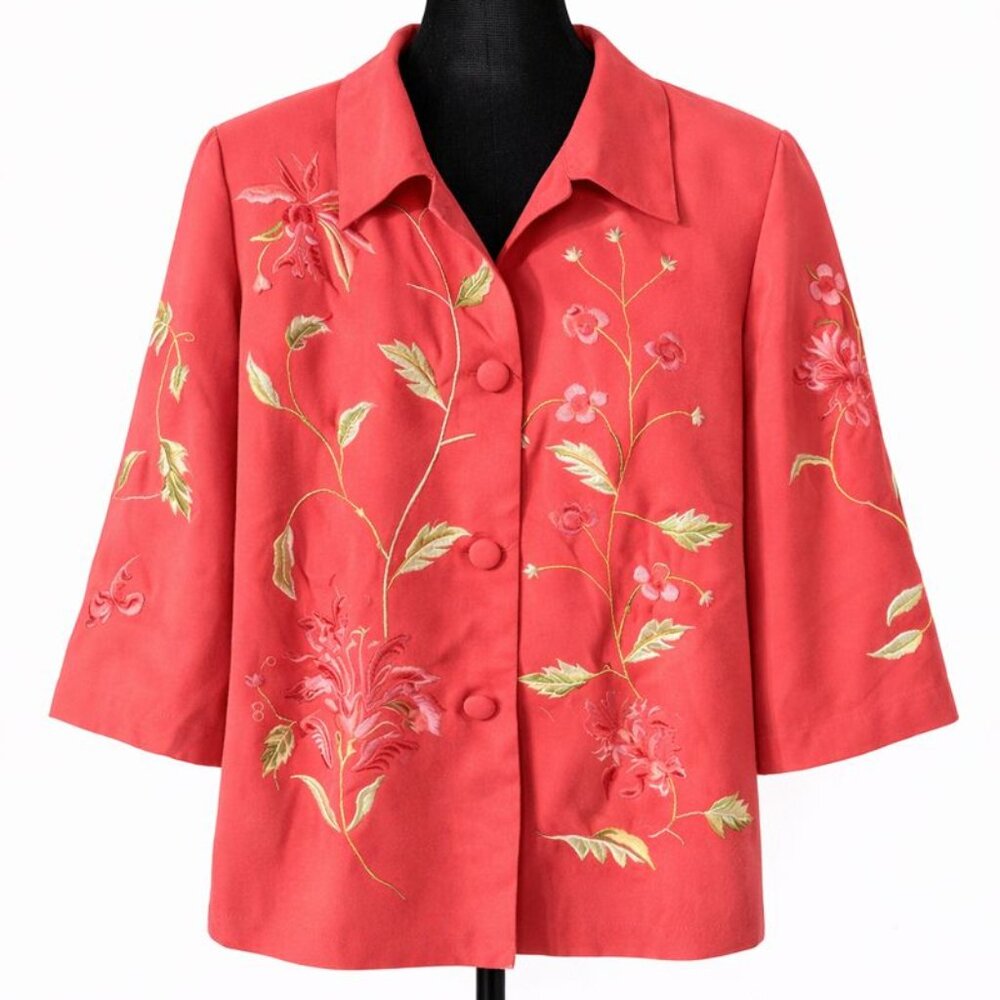 Maggy London 100% Silk Embroidered Floral Cropped Blazer 18 Coral